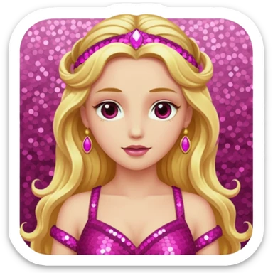 Venus from Ancient Gods with pink skin, long golden blonde hair, dark pink sequin outfit sticker