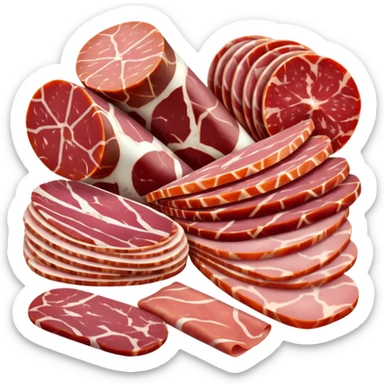 assorted cured meats, small arrangement of thinly sliced salami, prosciutto, and ham, slices vary in shape, marbling, and color from deep red to pale pink with white fat streaks, natural folds and curls, clean 3D look, soft lighting, no plate or garnish, no faces sticker