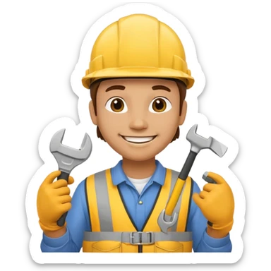 Construction worker in yellow helmet, tool belt sticker
