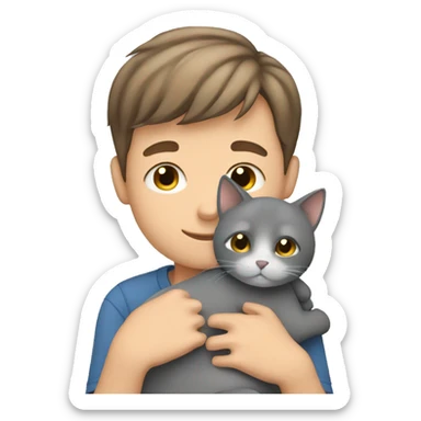 Boy with short brown hair cuddling grey cat sticker