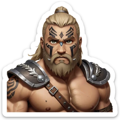 Clash of Clans aesthetic: Cinematic Rugged Barbarian Portrait Emoji, Intense and formidable with a heavily muscled physique, a rugged beard, piercing eyes and battle-worn armor adorned with tribal markings, his complexion a light tan that speaks of hard-fought battles, Simplified yet powerfully detailed features, highly detailed, glowing with a deep, primal energy, high shine, gritty and uncompromising, stylized with an air of raw, untamed power, focused and determined, soft glowing outline, capturing the essence of a barbarian warrior carved by countless battles and poised to lead his clan into epic conflict! sticker