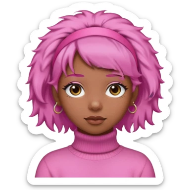 black fluffy haired girl with pink turtleneck sweater and pink hair band sticker