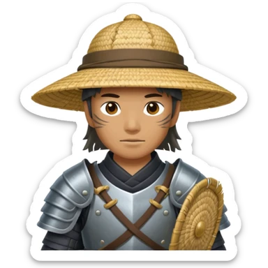 Samurai with straw hat, Warrior in armor holding wide hat sticker