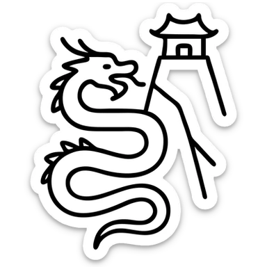 Chinese dragon with whiskers winding up a mountain cliff with a traditional temple perched on top sticker