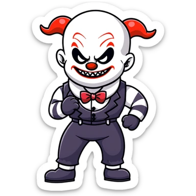 full-body muscular demonic clown in black and white leisure suit with bellbottom pants, bald, black ram horns, flashy black and white belt, ruffled white shirt, no neck tie, large fangs, cartoon sticker style sticker