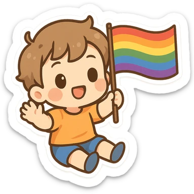 gay pride rainbow flag waving, bright and cheerful, chibi style sticker