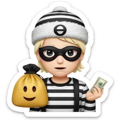 a short ios emoji-style portrait of a classic burglar, a black eye mask and a black-and-white striped shirt. emoji-like hair, black winter-like hat, a bag of money 💰 with a dollar sign in a right corner, evil expression WITHOUT a hand  sticker