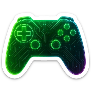 Create a generic game controller in a cyberpunk, holographic style with glowing neon green, blue, and pink edges. The controller should have circuit patterns throughout the entire surface, with the main color being green. The design should have a consistent cyberpunk glow and intricate circuit details, matching the style of previous cyberpunk icons. The background should be transparent. sticker