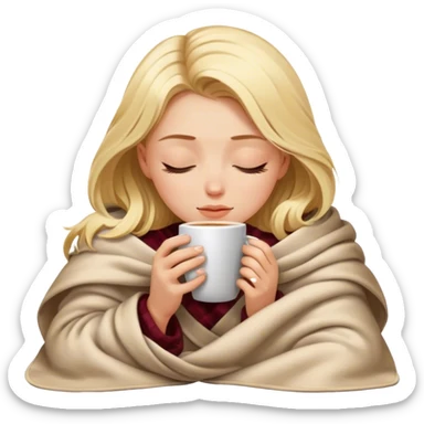 blonde girl inside a blanket sipping coffee eyes closed sticker