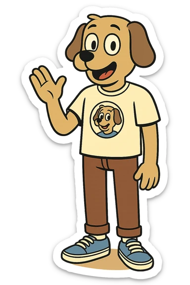 A boy dog mascot logo t-shirts brown trousers blue vans shoe  sticker