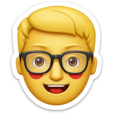 Créer un emoji nerd le perso doit être une tête basique d'emoji jaune avec une grosse paire de lunettes rectangulaires noires 3 boutons sur chaque joue et une dent qui dépasse  sticker