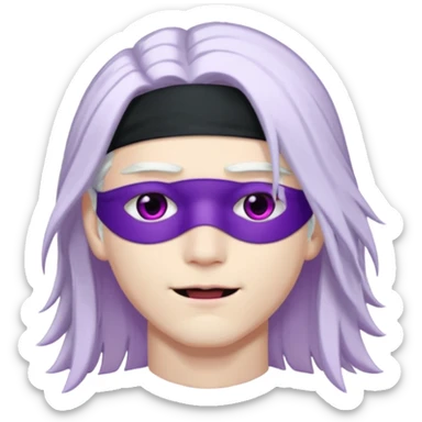 A young pale skinned Japanese man, with long free white hair. Purple eyes pink lips. Devious smile and an eyepatch sticker