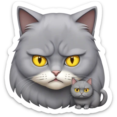 Cinematic Comical Grey Munchkin Scottish Fold Cat Portrait Emoji, Tiny, stumpy legs and folded ears making its unimpressed expression even funnier, head tilted with a scrunched, grumpy look, sleek soft grey fur with subtle blue undertones, large, striking yellow eyes, Simplified yet sharp features, highly detailed, glowing with a slightly sarcastic glow, high shine, poised but with a comically displeased demeanor, stylized with an air of playful disdain, focused yet unimpressed, soft glowing outline, capturing the essence of a grumpy yet endearing kitty with the classic short-legged, folded-ear Munchkin Scottish Fold charm, so lifelike it feels like it could waddle over just to judge you! sticker