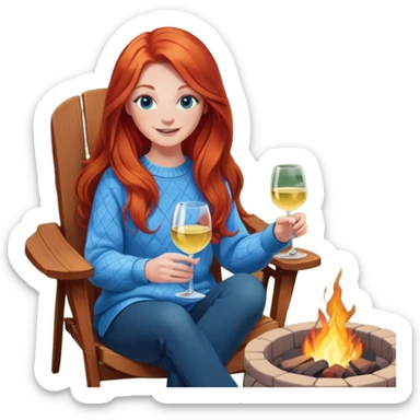 Happy redhead with long hair and blue eyes holding white wine sitting in chair beside fire pit in backyard sticker