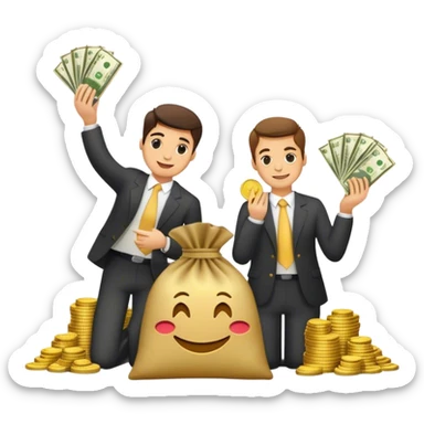 **Prompt :**  
*"Stacks of banknotes labeled 'XAF' with gold coins, a money bag, and a confident person celebrating wealth in an emoji-style illustration."* sticker
