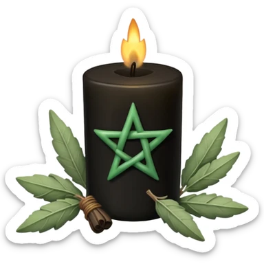 Black candle with pentacle on it and a bundle of sagr sticker