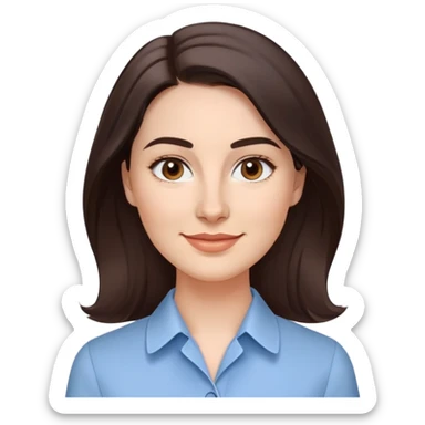 Professional woman in her 30s with light complexion, oval face, gentle features, large dark brown eyes, well-formed medium eyebrows, small nose, warm friendly smile, long slightly wavy dark brown hair with soft volume, wearing a light blue dress shirt sticker