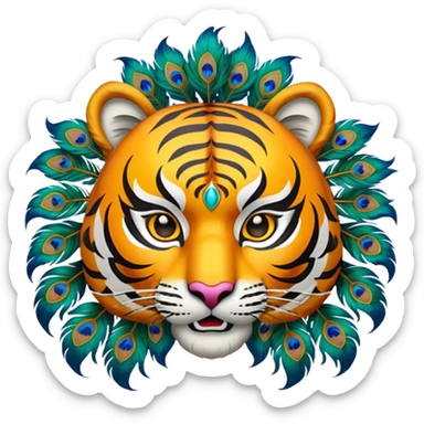 Create an animation emoji of the Ponorogo Reyog from East Java, namely the tiger mask with the peacock dance, which is a typical Ponorogo dance. Above and behind the tiger's head is a peacock's head spreading its tail.  sticker