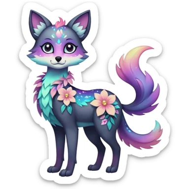 Multicolored sparkly pastel dark iridescent light pale gloomy spooky cute adorable pretty cool elegant realistic floral exotic Falvie-Fionbri-fursona, full body sticker