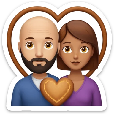 Couple. Bald man with dark brown-black beard. Woman with many small, faded freckles, white skin and she has auburn-yellow-brown-caramel-cinnamon dark hair. She has light yellow-brown eyes. The man have hazel eyes. They are inside a big heart. sticker