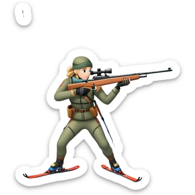An icon showing a snowy landscape with pine trees, mountains, and a clear sky with a biathlete aiming a rifle in the foreground, wearing winter gear and skis. Transparent background emphasizes the precision, endurance, and beauty of this winter sport. sticker