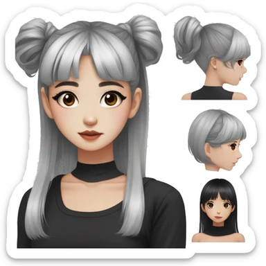 Korean girl, black tank top, black hair, black eyes, layered hair, cool girl, aesthetic, long hair, hime cut, blunt bangs, small silver hoop earrings sticker