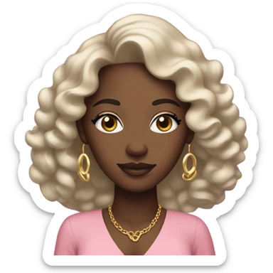 Medium black skin women with loose ringlet curls and wearing a pink dress with gold earrings and long lashes sticker