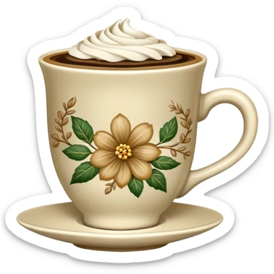 Cinematic Realistic sophisticated cup filled with khaki coffee with flower ornament sticker