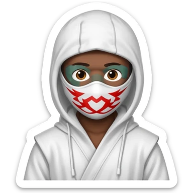 All white ninja robe with no black with white ski mask to cover face and neck with a hoodie on and dark brown skin color sticker