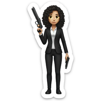 Brunette Girl with long curly hair in black suit with gun sticker