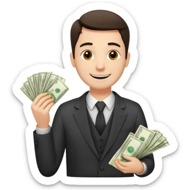 un chef d'entreprise en train de compter sa montagne de billet derrière lui une file de client qui entre dans son magasin pendant qu'à cote un autre chef d'entreprise poche vide pas de client  sticker