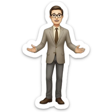 Full height Actively gesturing with hands Pale skinned fit man with dark brown hair in gray jacket, beige office shirt, brown tie, brown pants and vintage glasses. sticker