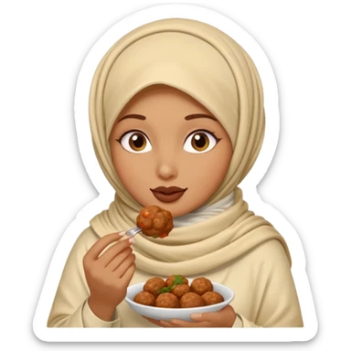 woman wearing a cream colored pashmina hijab eating meatballs sticker