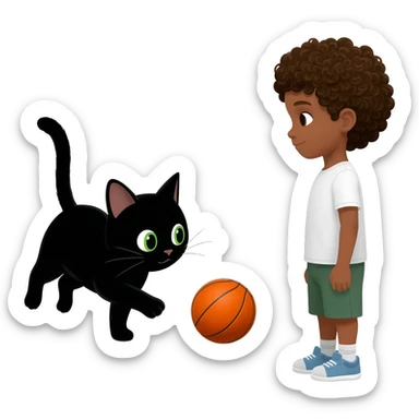 Black cat playing with orange basketball and a little white boy with curly hair sticker