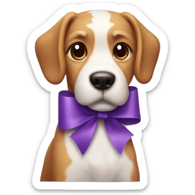 a dog with a ribbon on it and with purple cake sticker