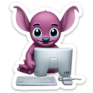 Stitch working on a computer sticker