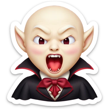 Cinematic Cute Yawning Vampire Portrait Emoji, with a small, rounded, charming pale face accented with tiny playful fangs and droopy, half-closed eyes, head tilted in an adorable wide yawn, dressed in miniature elegant dark attire with a hint of crimson, simplified yet irresistibly endearing, highly detailed with a soft, mysterious glow and gentle outline that captures the cute, drowsy side of an immortal! sticker