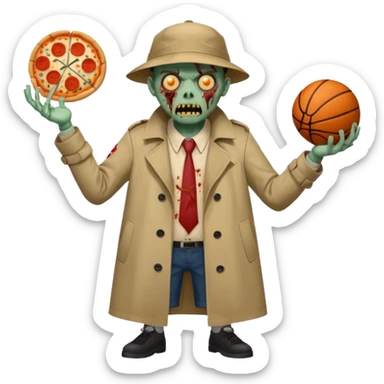 a glitch abomination with hands for a head, a baskeball stomach, pizza eyes, eyepatch, and zombie wounds, wearing trench coat sticker
