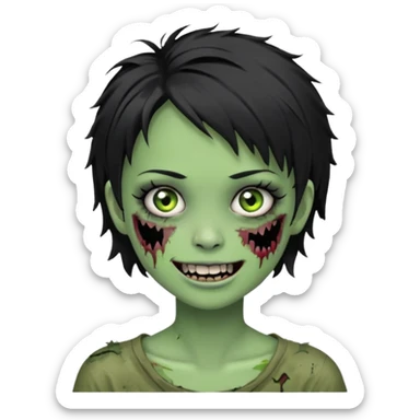 Green zombie girl with messy black short hair with lashes and torn cheek and smiling face sticker