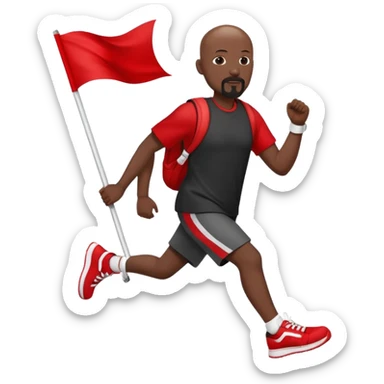 Bald black man with a white goatee in sneakers carrying a red flag sticker