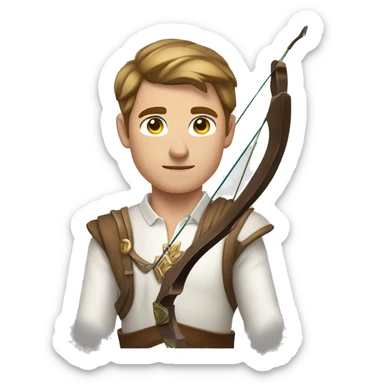 a male archer holding a bow, wearing a white shirt, very short brown hair, bright skin, only show upper part of the body from waist up sticker