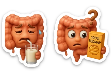 emoji stile iphone di un intestino che beve latte e ha un espressione di dolore e un intestino che guarda un pacco di pasta con la scritta "100% FODMAP" SULL'ETICHETTA CON ESPRESSIONE CONFUSA, iperrealistico 4k, isolato su sfondo bianco sticker