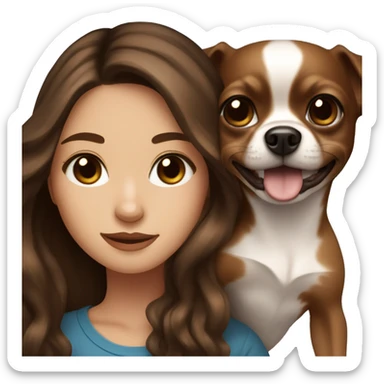 Pretty girl with long wavy brown hair, blue eyes, holding a black and brown short hair chihuahua sticker