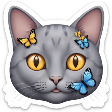 grey cat's face surrounded by butterflies sticker