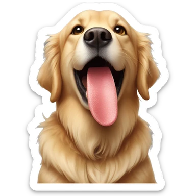 The face of a golden retriever with a dinosaur plushie in his mouth sticker