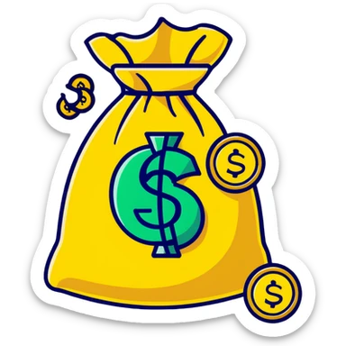 cartoonish sticker of a money bag with gold coins sticker