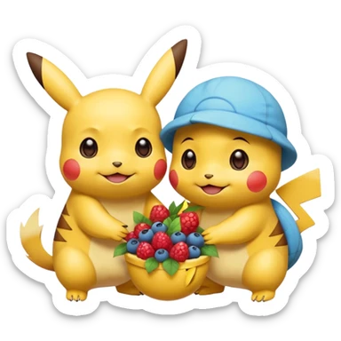 Two Pokémon are playing in a field. Pikachu has many berries, but Squirtle has none. Pikachu sees this is unfair, so he shares the berries with Squirtle. They smile and eat together. Show this as a cute Pokémon emoji scene about justice and fairness. sticker