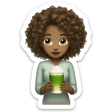 Brown girl curly hair brown eyes, white skin with glass of matcha sticker