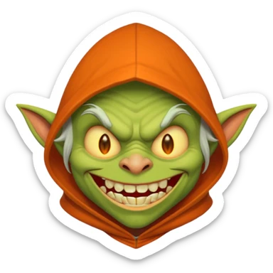 Hobgoblin-style goblin face emoji, orange hood, evil grin, sharp teeth, expressive Apple-style emoji sticker