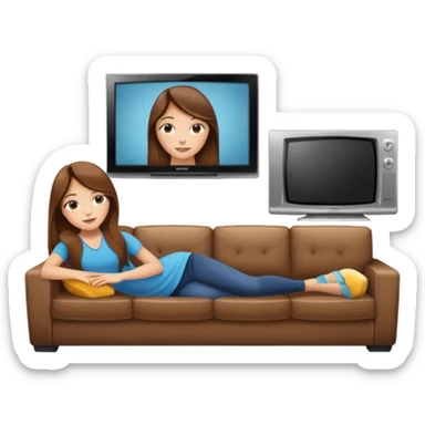 beautiful girl with long brown hair constructing new lounge room area with flat screen tv and couch sticker